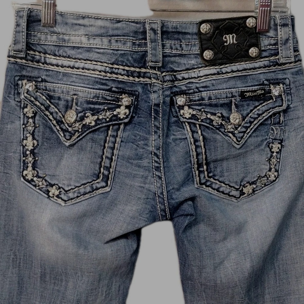 Miss Me Women 27 Bootcut Jeans Blue Distressed Embroidered Bejeweled JP5800BV